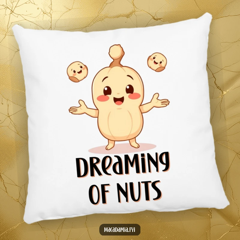 Funny decorative pillow featuring a macadamia nut character happily juggling three tiny, smiling macadamia nuts, perfect for cozy spaces.