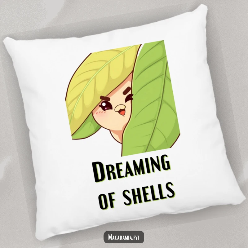 Funny Macadamia Nut Pillow featuring a cute, winking nut hidden behind a large leaf, perfect for playful decor.