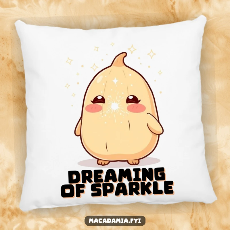 A cute macadamia nut character is sneezing out a fluffy cloud of sparkle dust on a comfortable pillow.