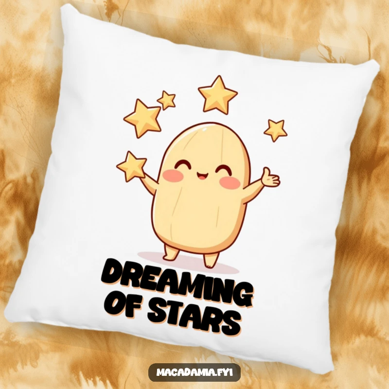 Funny macadamia nut pillow depicting a rosy-cheeked character juggling sparkling stars, offering celestial comfort.