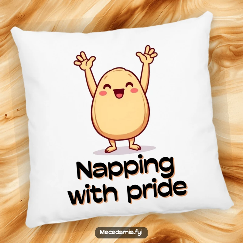 Funny Macadamia Nut Pillow featuring a delighted nut performing a triumphant dance with its arms in the air.
