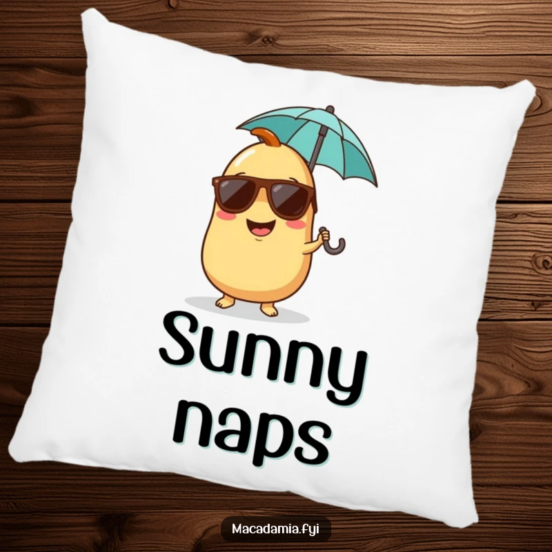 Funny pillow with a giggling macadamia nut character wearing sunglasses and holding a tiny umbrella, exuding fun and humor.
