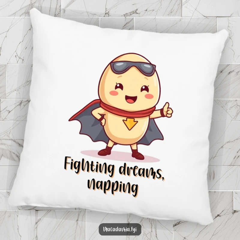 Funny Kawaii macadamia nut striking a superhero pose, cape included, on a soft and cuddly pillow.