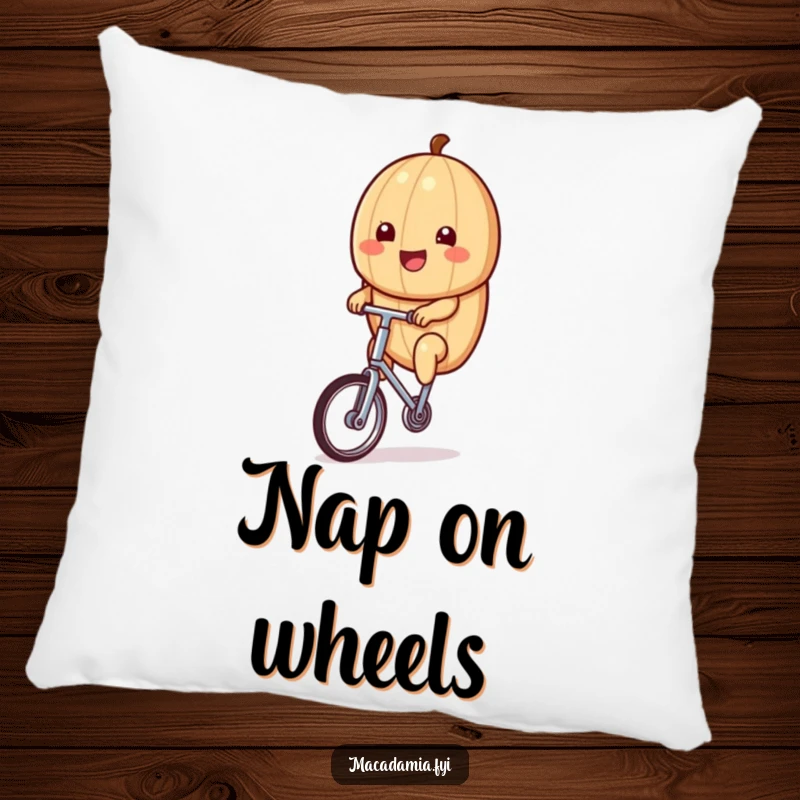 Funny kawaii macadamia nut riding a tiny unicycle with a big smile, creating a fun and humorous accent pillow.