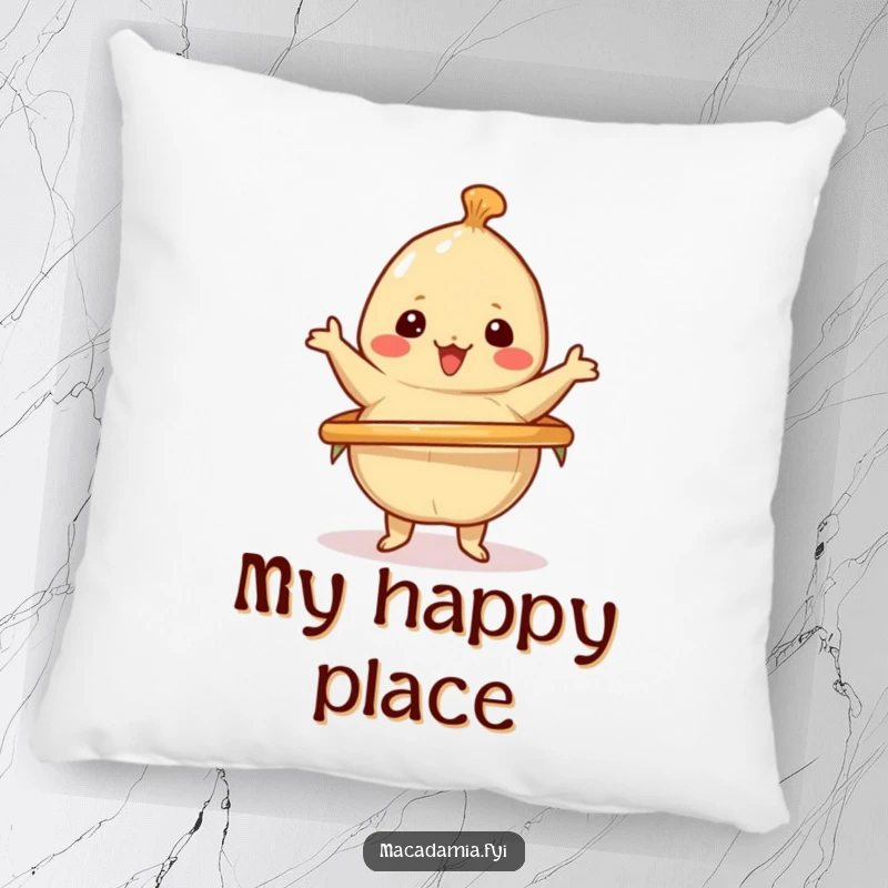 Funny pillow featuring a kawaii macadamia nut happily spinning a hula hoop, providing cozy and playful humorous decorative flair.
