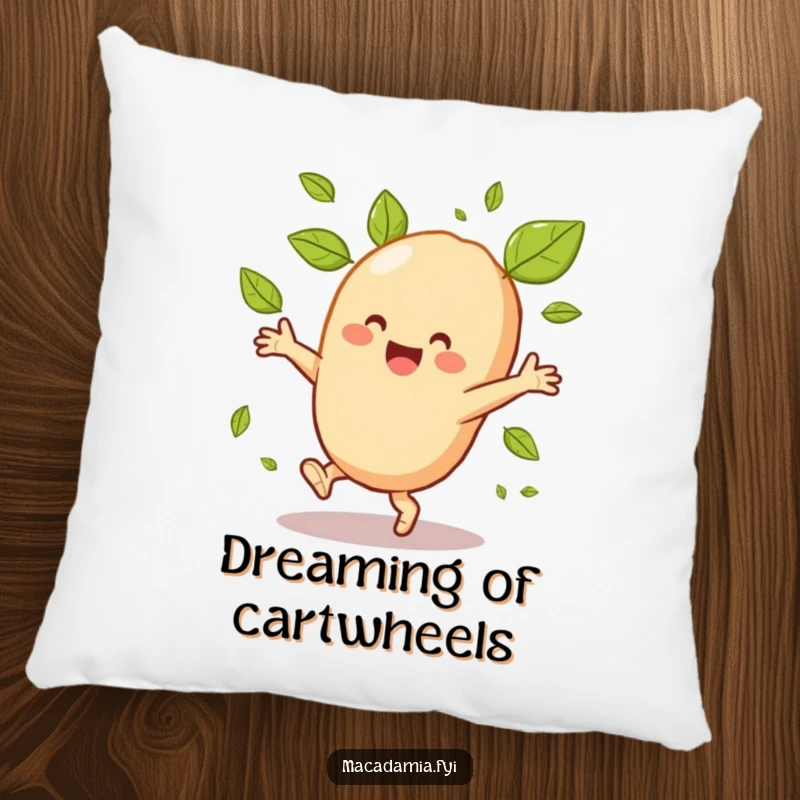 Funny macadamia nut character doing a cartwheel with a cheerful expression on a soft, decorative pillow.