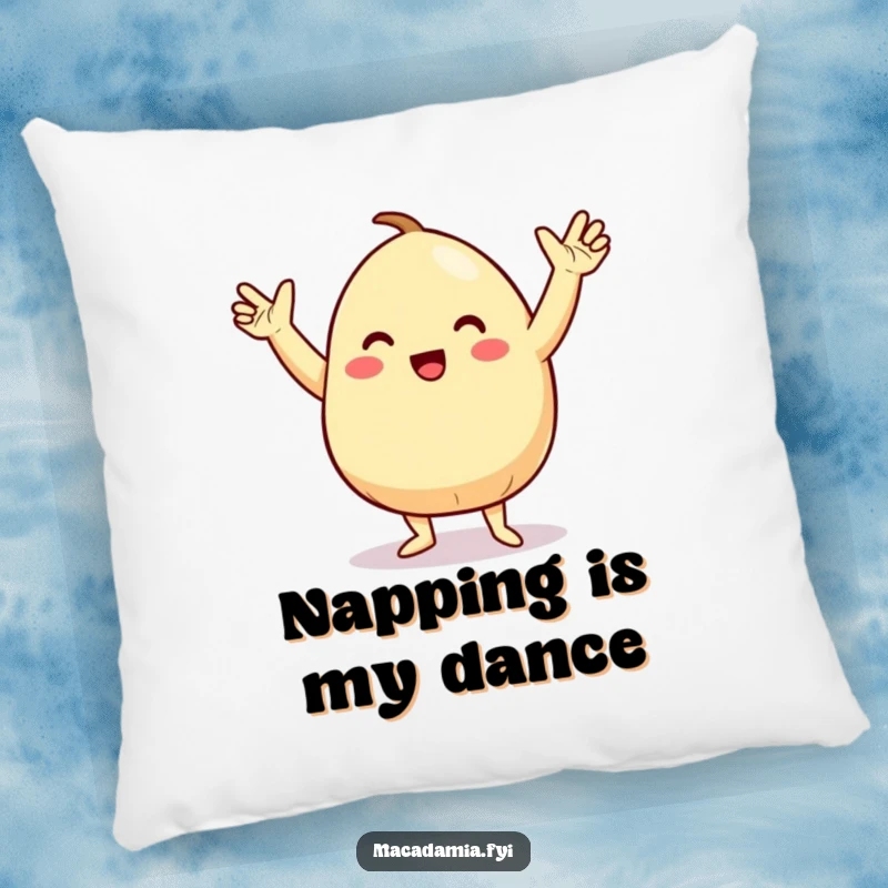 Funny decorative pillow with a macadamia nut character doing a silly, energetic dance with arms in the air, adding cozy fun vibes.