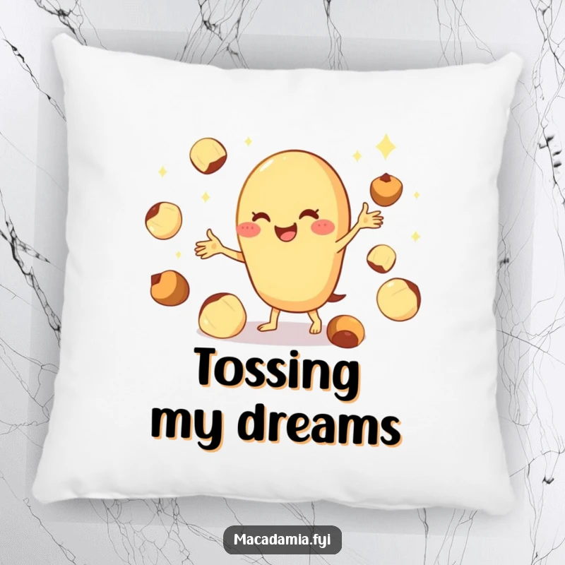 Funny macadamia nut pillow featuring a cheerful character juggling shiny nuts, offering cozy comfort and a display of skill.
