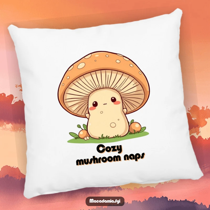 A cute macadamia nut character is peeking from behind a friendly mushroom on a soft, comfortable pillow.