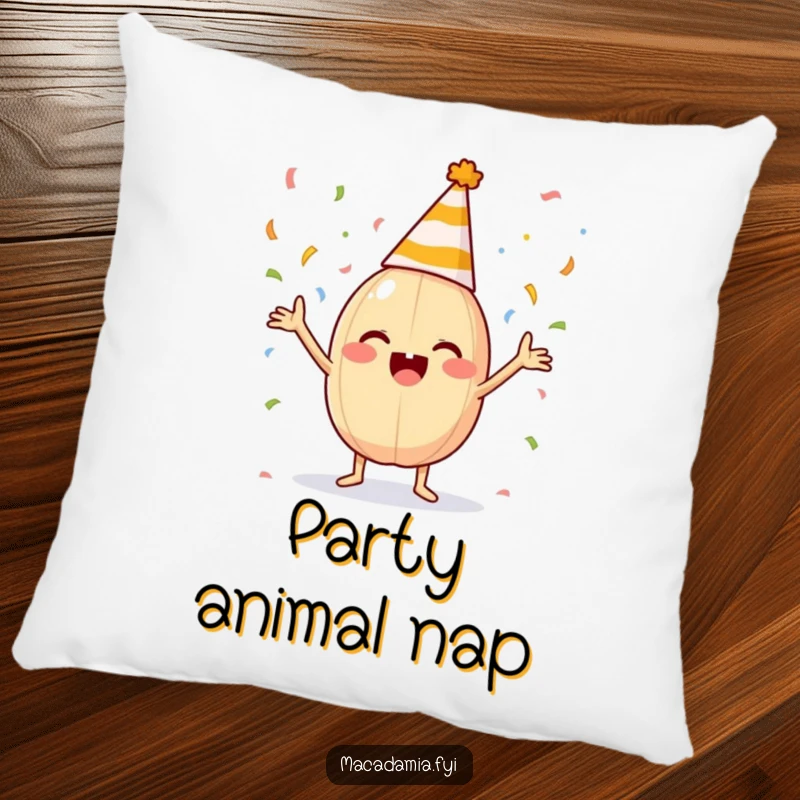 A plush pillow featuring a funny macadamia nut in a party hat happily tossing confetti.