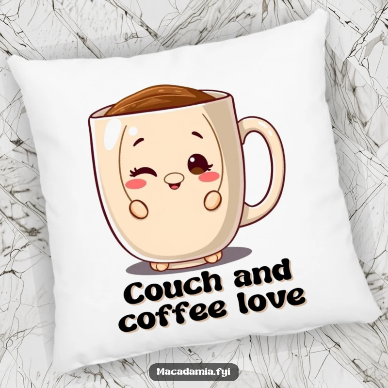 Funny decorative pillow with a macadamia nut character peeking from behind a giant coffee mug, winking playfully for cozy coffee moments.