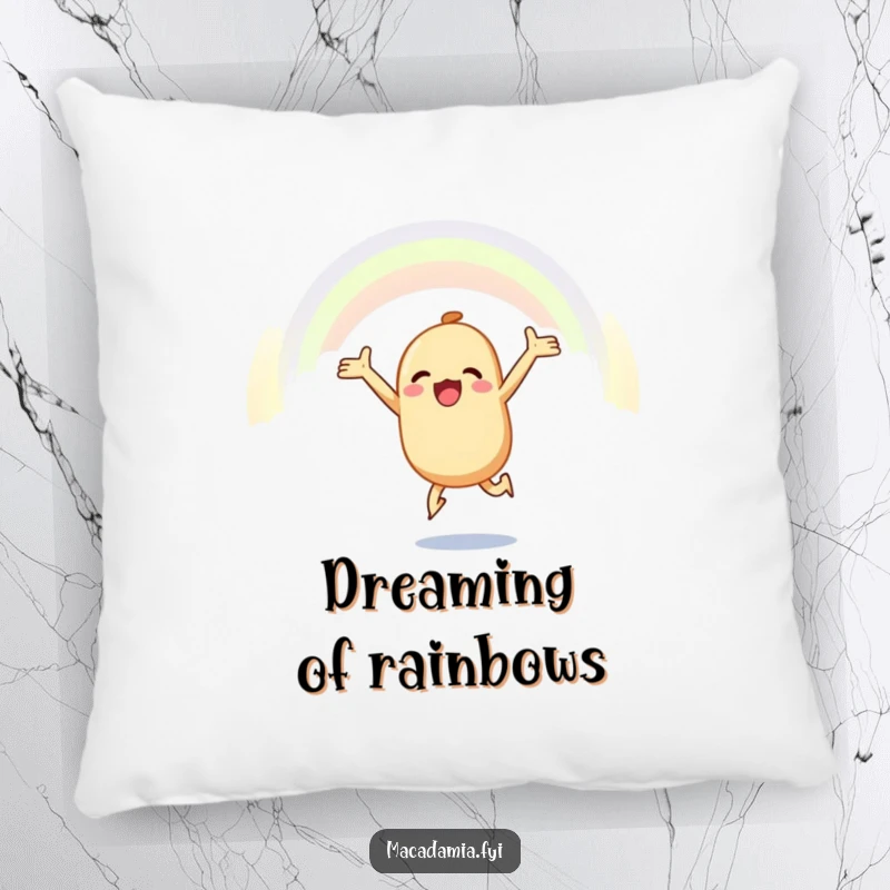 Funny macadamia nut pillow with a soft design, featuring a macadamia nut leaping joyfully towards a rainbow, adding comfort and inspiration.
