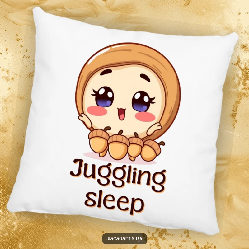 Funny macadamia nut pillow with a soft design, featuring an excited macadamia nut juggling acorns, adding comfort and enthusiastic humor.