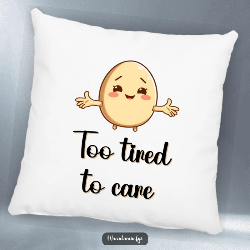 Funny macadamia nut character shrugging with arms out, decorating a soft pillow for humorous, cozy living spaces.