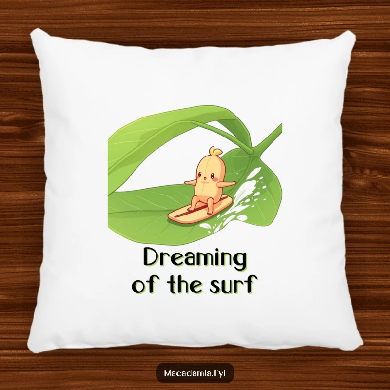 Funny Macadamia Nut character surfing a large green leaf in a gentle breeze, designed for comfortable, humorous relaxation.