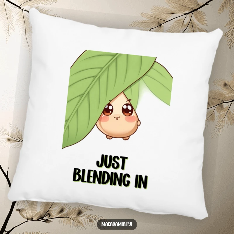 Funny pillow with a wide-eyed macadamia nut character playfully peeking from behind a giant leaf, offering plush comfort.