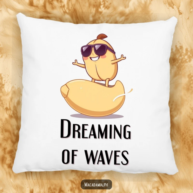 Funny Surfing Nut Pillow featuring a grinning macadamia nut in sunglasses surfing on a giant cashew nut, providing humorous comfort.