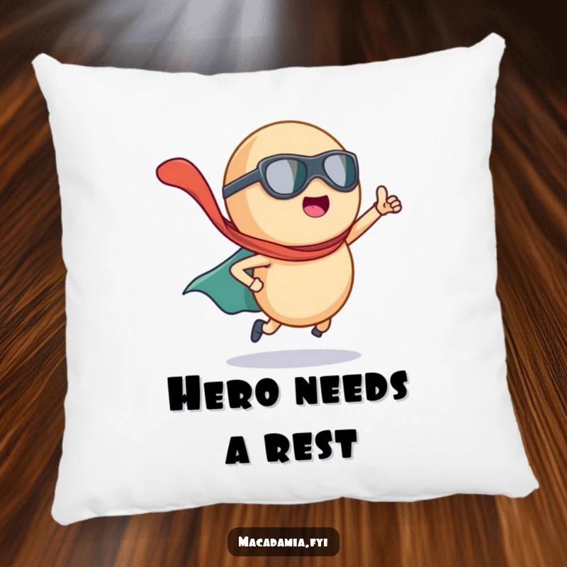 Funny macadamia nut character as a superhero, with a dramatic cape flying, featured on a soft pillow.