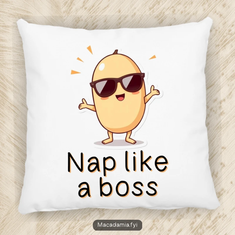 Funny kawaii macadamia nut wearing sunglasses and doing a dance pose, creating a comfortable and humorous accent pillow.