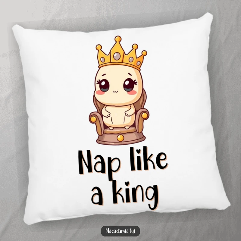 Funny pillow depicting a proud macadamia nut character wearing a crown, seated regally on a small throne, adding humor to any space.