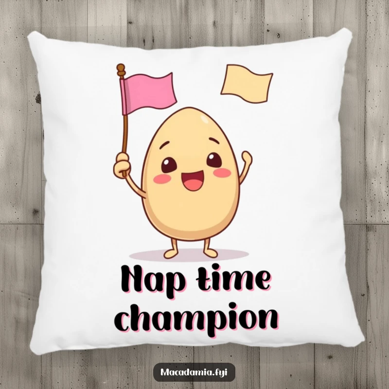 Funny pillow with a macadamia nut character excitedly waving a tiny flag with a funny face, offering plush comfort.