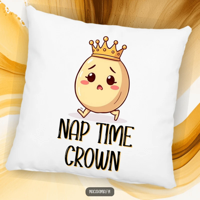 Funny macadamia nut pillow depicting a crowned character tripping with a surprised face, offering plush humor.