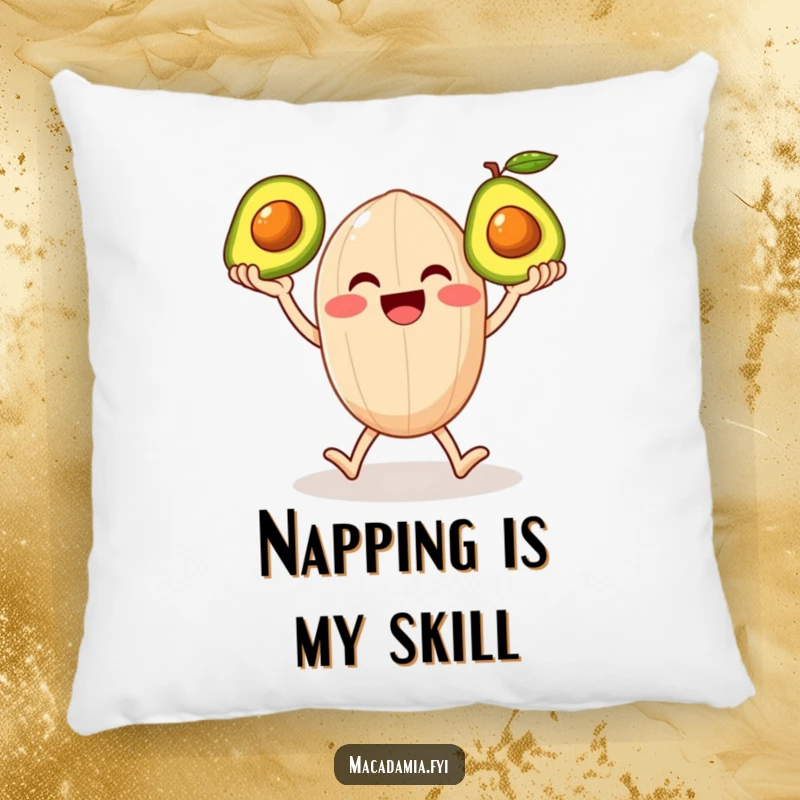 Funny pillow with a smiling macadamia nut character on legs happily juggling three shiny avocados, offering plush comfort and humor.