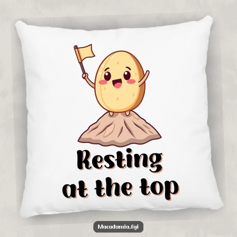 Funny Macadamia Nut character waving a miniature flag atop a small mountain peak, designed for comfortable, humorous relaxation.