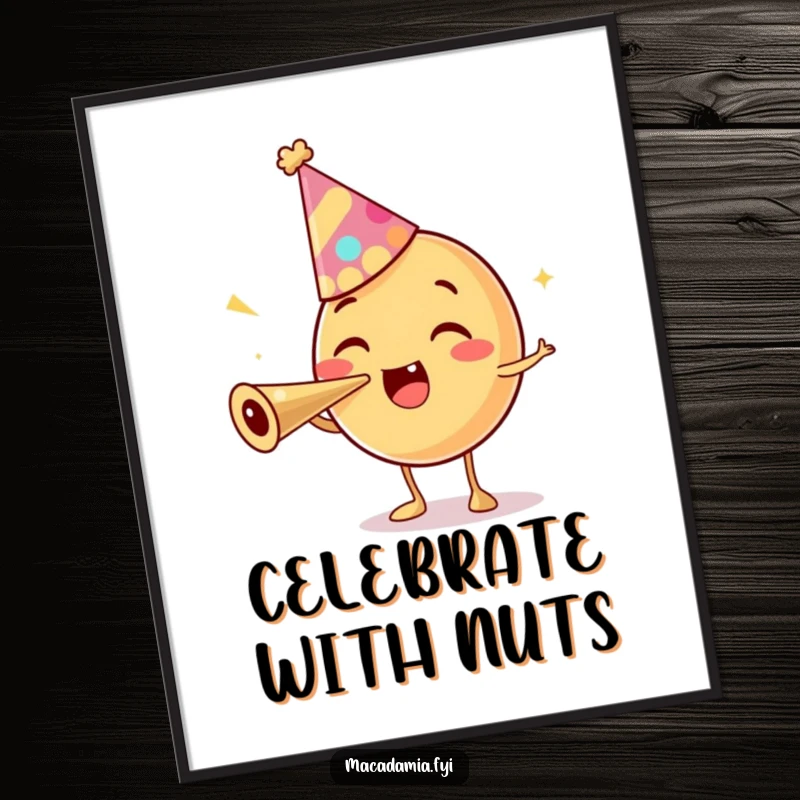 Funny digital art print of a macadamia nut character in a party hat, excitedly blowing a party horn, bringing festive fun to displays.