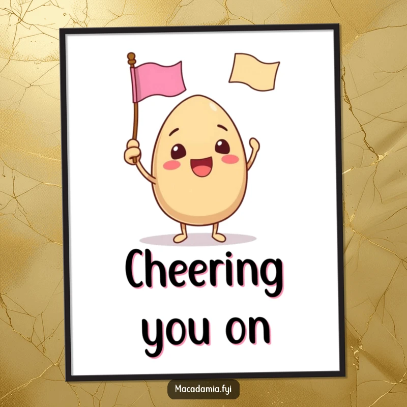 Funny digital art print of a macadamia nut character excitedly waving a tiny flag with a funny face, radiating celebratory energy.