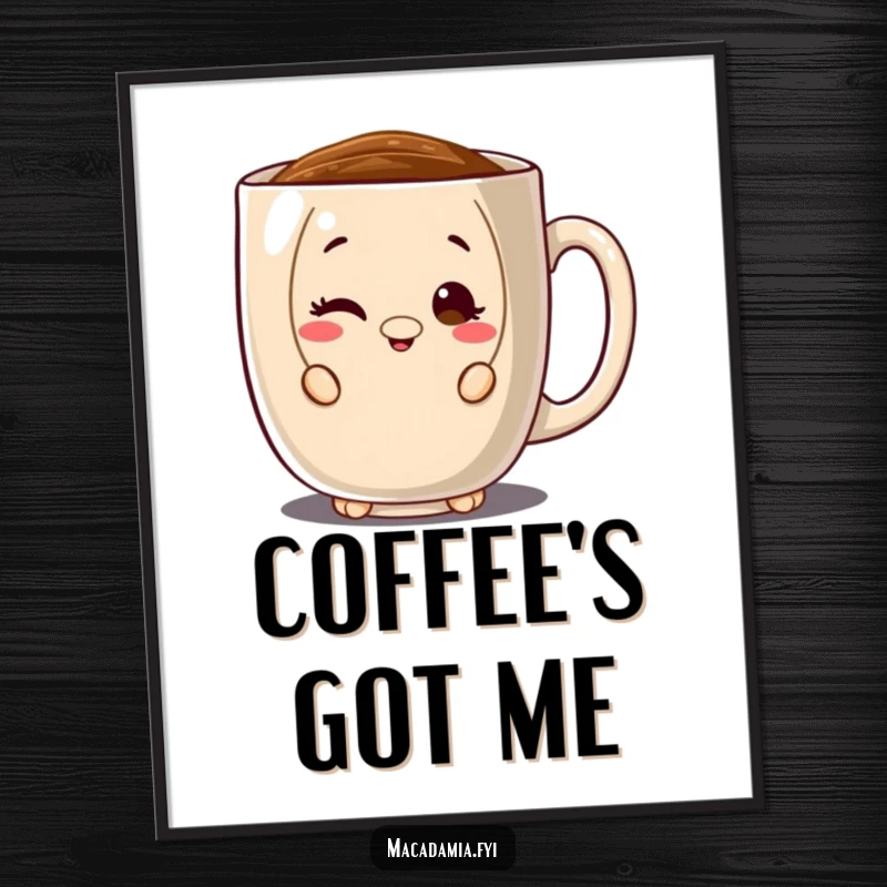 Funny digital art print of a macadamia nut character peeking from behind a large coffee mug, winking playfully, bringing coffee humor to displays.