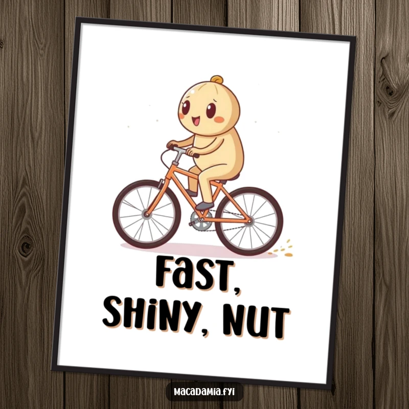 Funny macadamia nut character riding a bicycle quickly, leaving a shimmering trail in a digital art print, a vibrant funny gift.