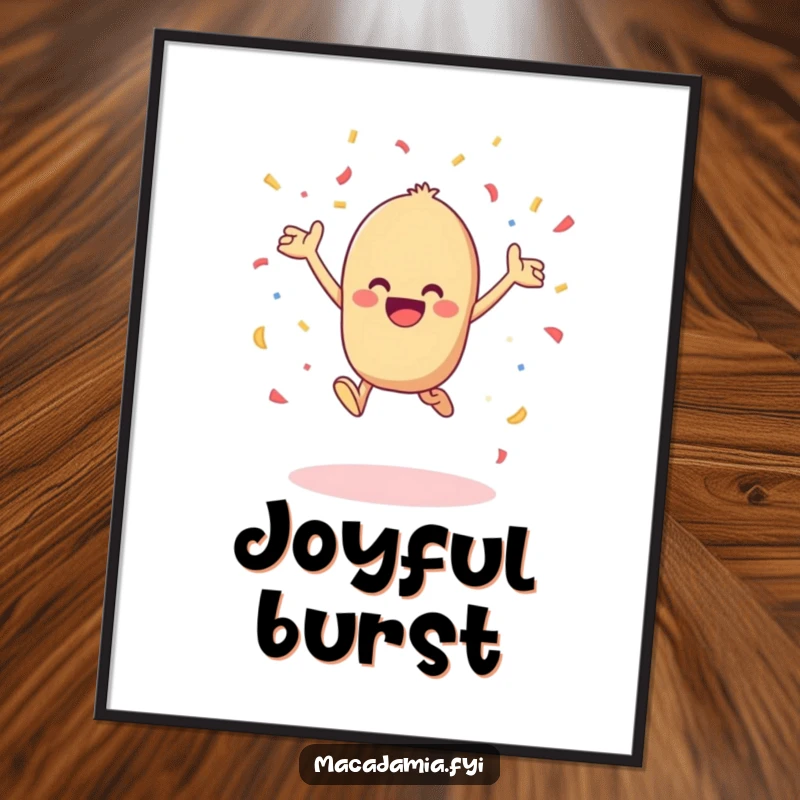 Funny kawaii macadamia nut leaping with joy and tossing confetti in the air, perfect as downloadable humorous digital art.