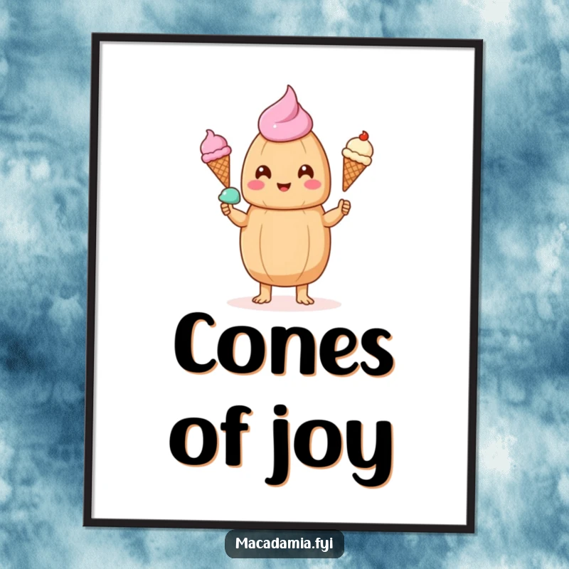 Funny kawaii macadamia nut happily juggling three tiny ice cream cones, perfect as downloadable humorous digital art.