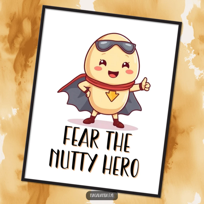 Funny Kawaii macadamia nut in a dynamic superhero pose with a cape, perfect for a digital art print.