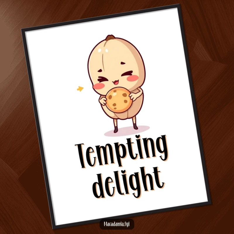 Funny Macadamia Nut character giving a mischievous wink while holding a delicious cookie mid-air, offering instant sweet, humorous decor.
