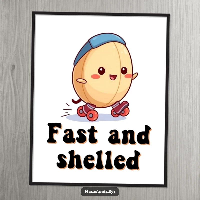Funny macadamia nut digital art print of a happy macadamia nut in tiny roller skates rolling downhill, offering instant humorous decor.