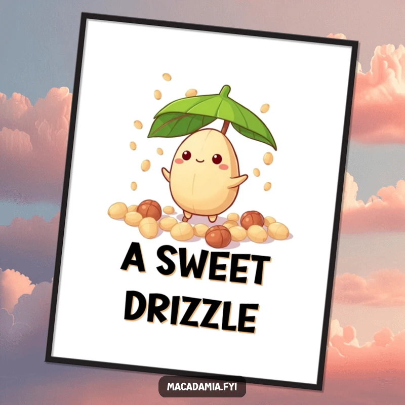 Funny macadamia nut character with leaf umbrella, caught in candy nut drizzle, digital art download, hilarious funny gift.
