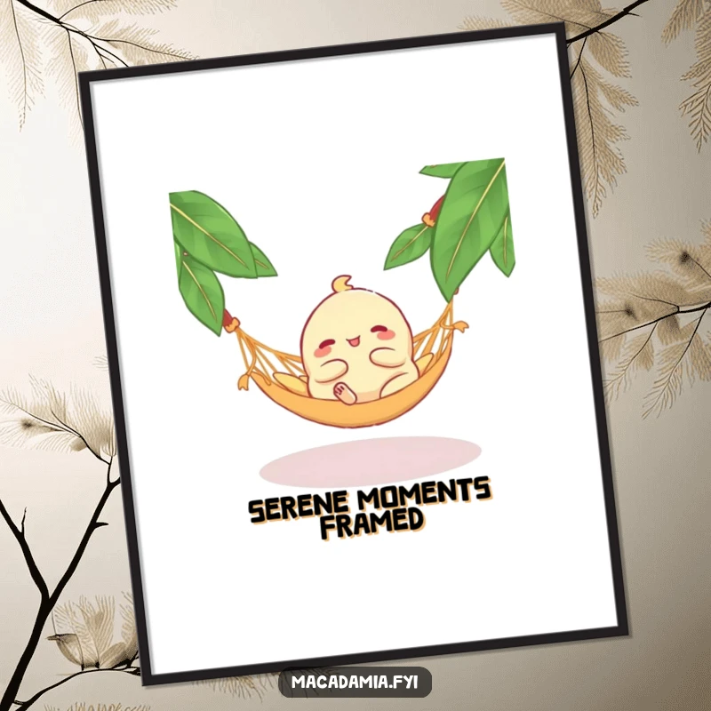 Funny Macadamia Nut Hammock Digital Art: A blissful macadamia nut character lounging peacefully in a hammock, captured in a humorous and serene digital illustration.