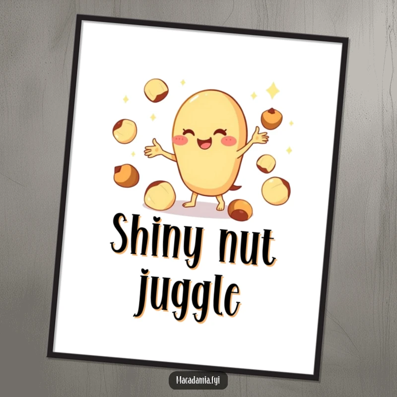 Funny macadamia nut digital art print of a cheerful character skillfully juggling multiple shiny nuts, full of energetic charm.