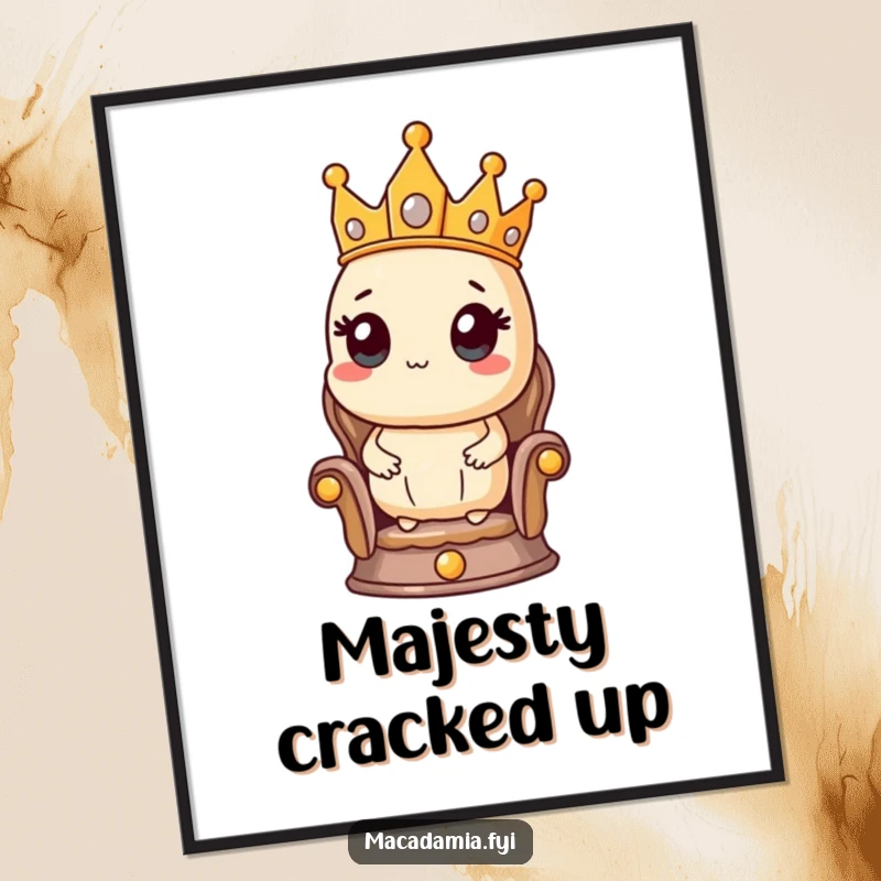 Funny digital art print of a macadamia nut character proudly wearing a crown and sitting on a tiny throne, exuding humorous regality.