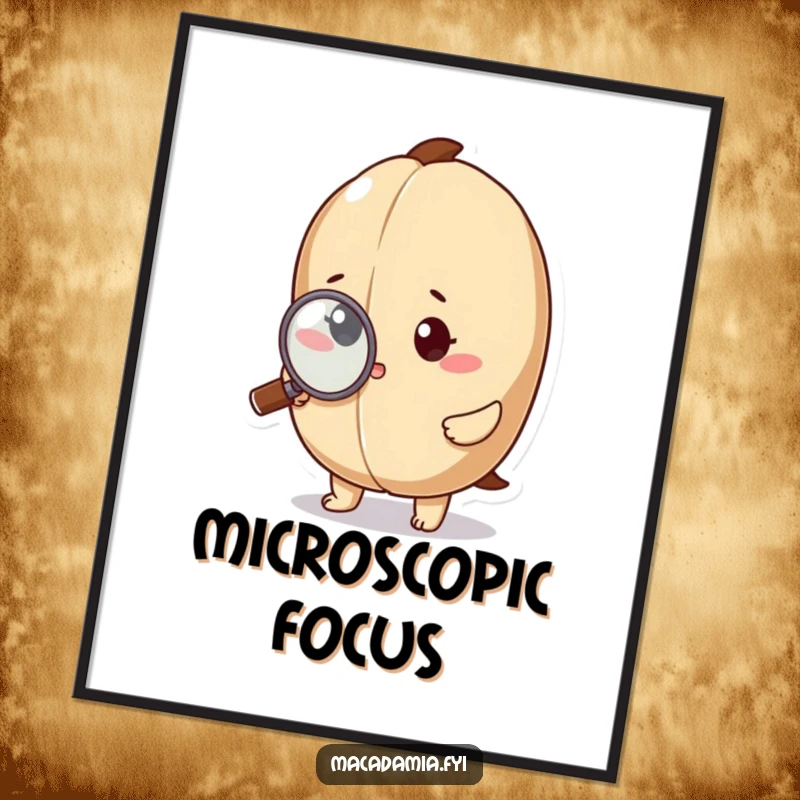 Funny macadamia nut character intensely inspecting a minuscule detail with a magnifying glass, digital art print.