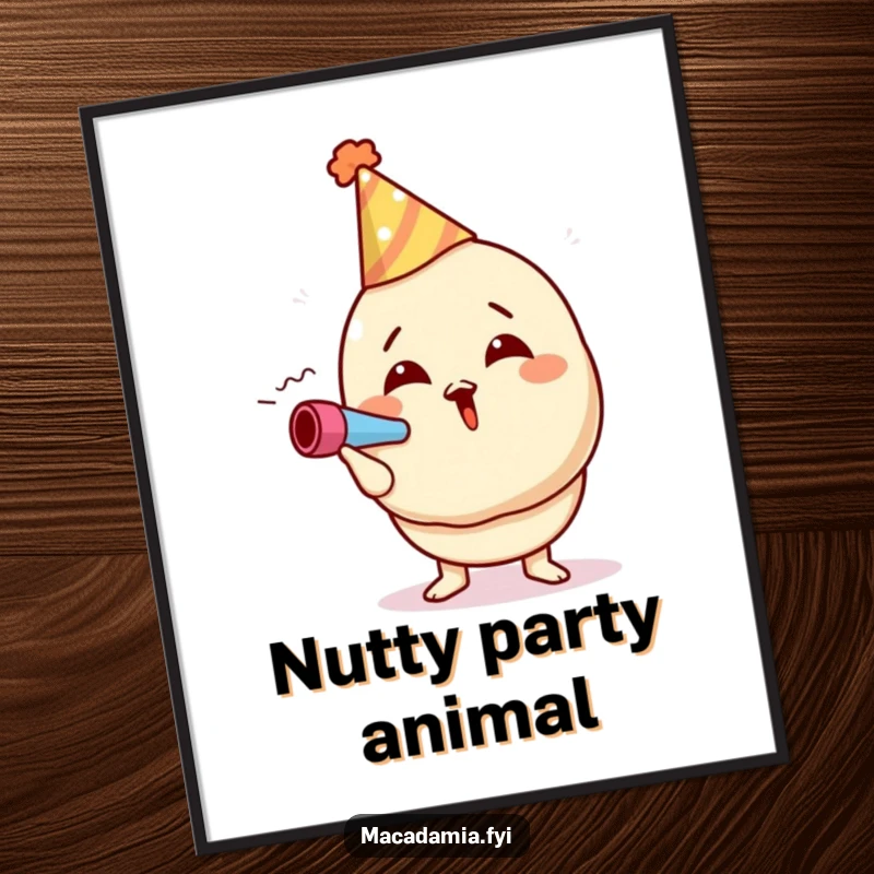 Funny macadamia nut digital art print of a character in a party hat, excitedly blowing a noisemaker, embodying pure party spirit.