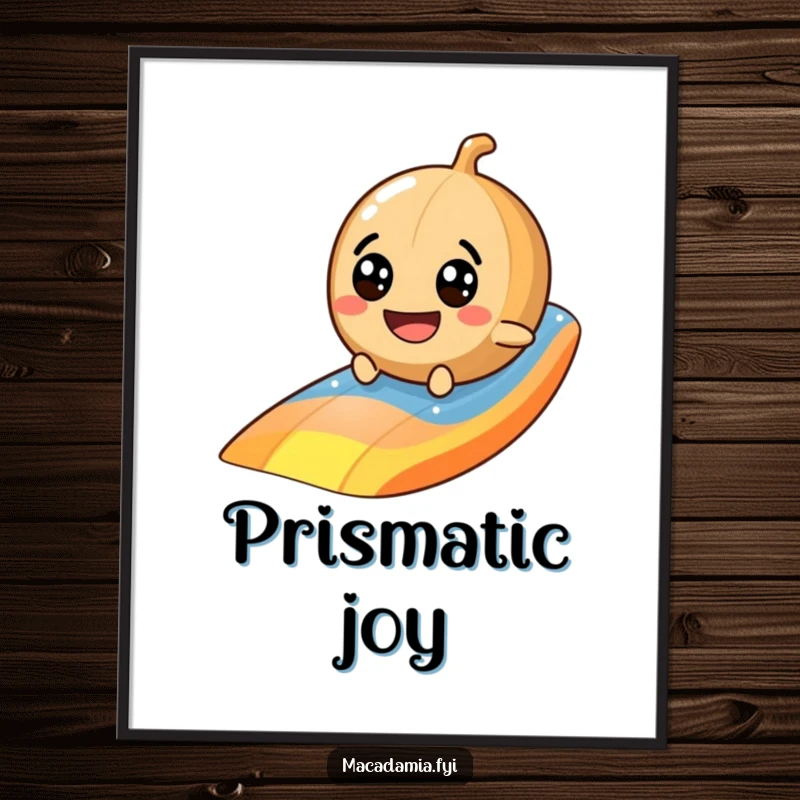 Funny macadamia nut digital art print of a googly-eyed character sliding down a bright rainbow, perfect for immediate cheer.