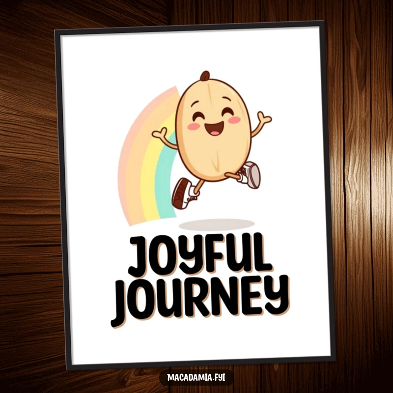 Funny macadamia nut in running shoes jogs joyfully over a rainbow, digital art for instant cheer.