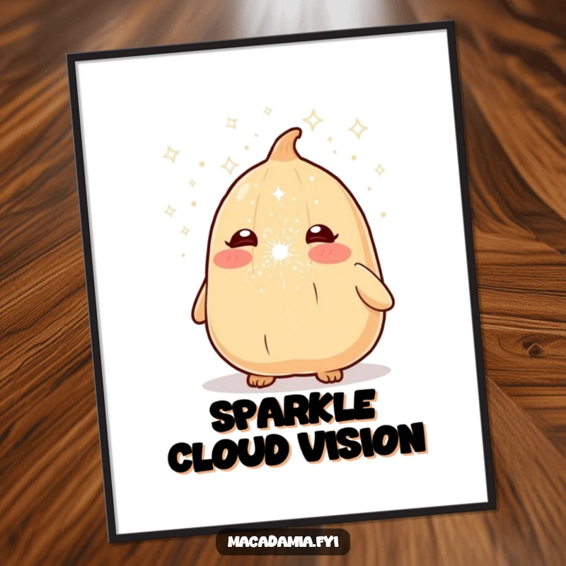 Funny macadamia nut character in a joyful sneeze, releasing a vibrant cloud of sparkle dust, digital art.