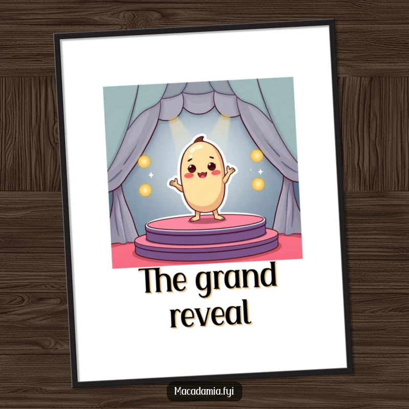 Funny macadamia nut character dramatically posing on a small colorful stage, digital art print, excellent funny gift.