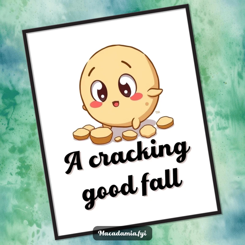 Funny Macadamia Nut Digital Art Print: A wide-eyed macadamia nut character trips, scattering shell pieces, humorous wall art.