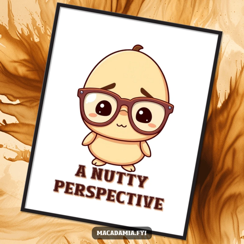 Funny Nut Digital Art Print: A macadamia nut character with oversized glasses looks confused but amused, creating humorous and thought-provoking digital art.