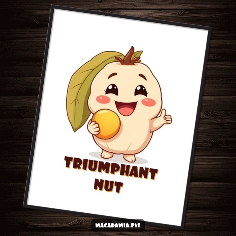 Funny digital art print of a macadamia nut character with a triumphant grin, holding a golden macadamia nut, offering humorous and nutty visual appeal.